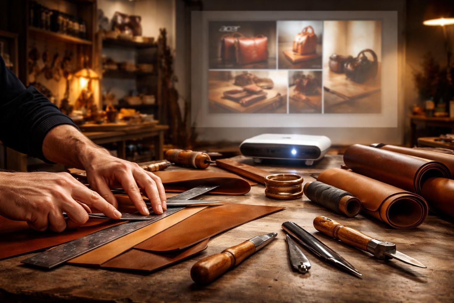 découvrez notre atelier cuir en boucle alliant savoir-faire traditionnel et storytelling premium grâce au vidéoprojecteur acer pour une expérience immersive unique.