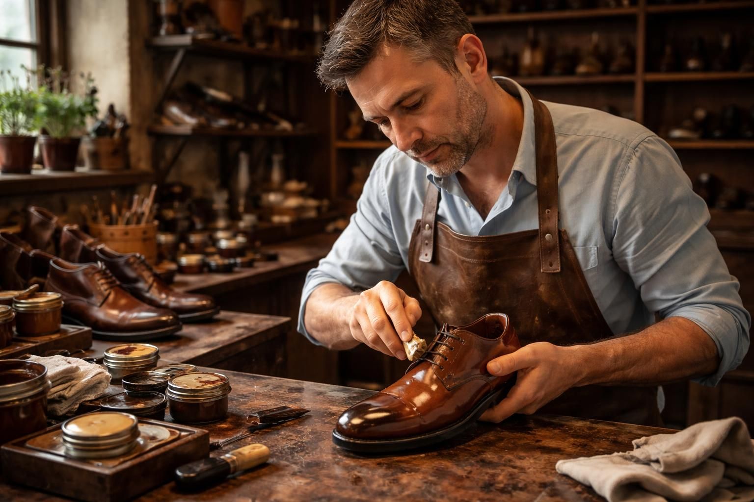 découvrez l'expertise du cordonnier cireur pour un entretien profond de vos cuirs, garantissant brillance et longévité à vos chaussures et accessoires en cuir.