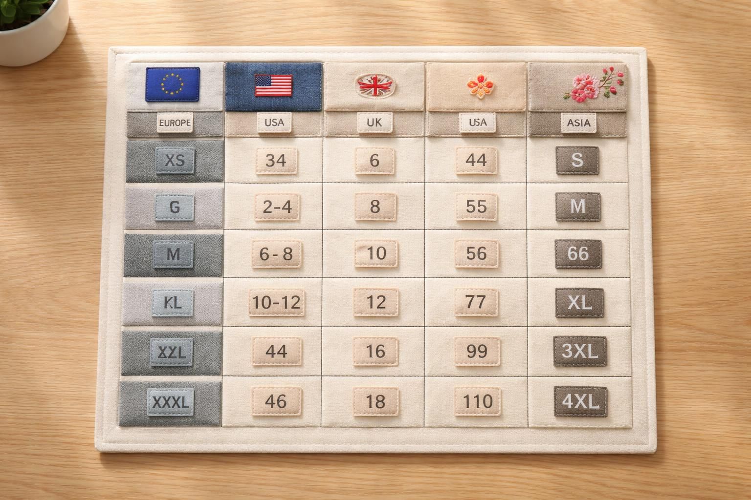 découvrez notre tableau de conversion des tailles internationales pour vêtements, chaussures et accessoires, et trouvez facilement la taille qui vous convient quel que soit le pays.