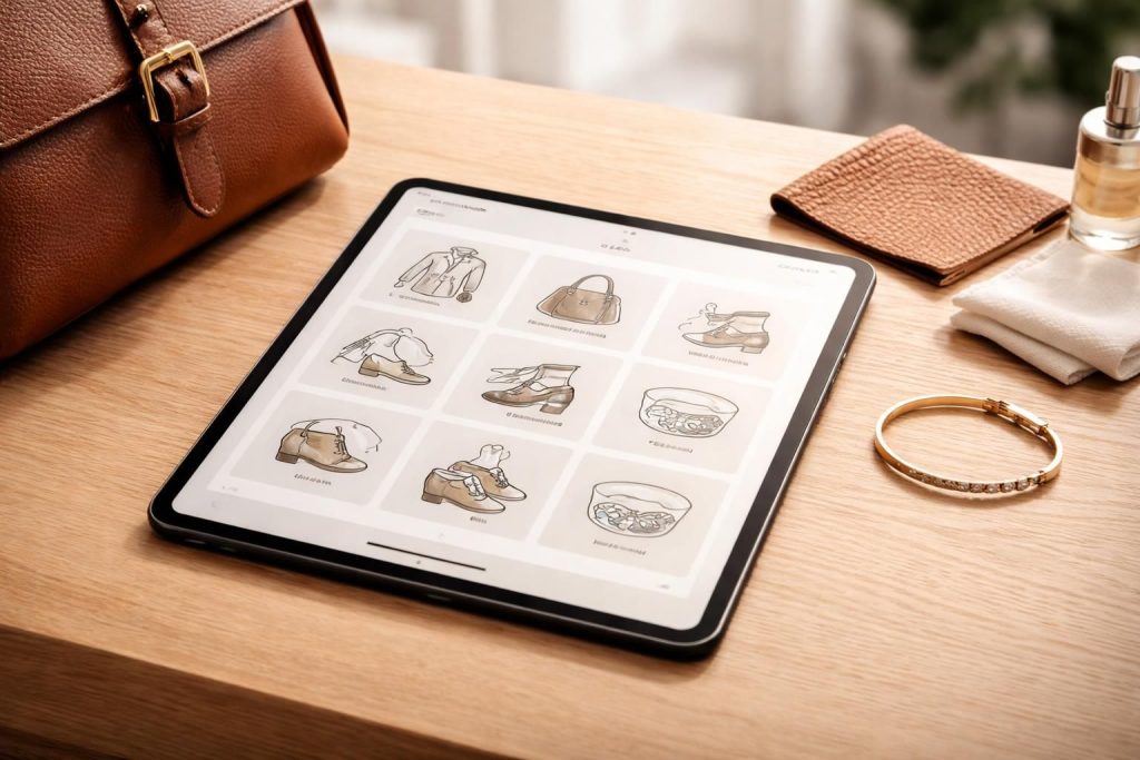 découvrez nos fiches d'entretien complètes pour cuir, bijoux et sacs, expliquées en détail sur ipad pour préserver et sublimer vos accessoires.
