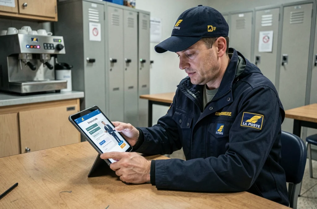 Agent de livraison La Poste consultant une tablette sur la tenue réglementaire dans une salle de pause