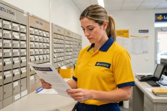 Agente La Poste en uniforme consultant un document FAQ au guichet d'un bureau de poste moderne