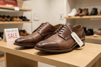 Chaussures en cuir style Arche exposées sur une étagère en bois lors d'une vente privée en boutique