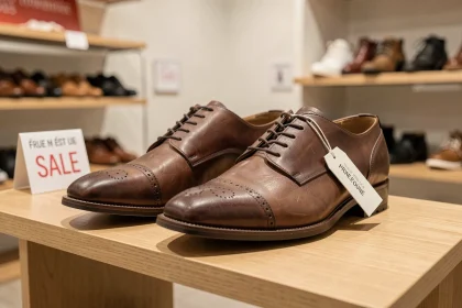 Chaussures en cuir style Arche exposées sur une étagère en bois lors d'une vente privée en boutique