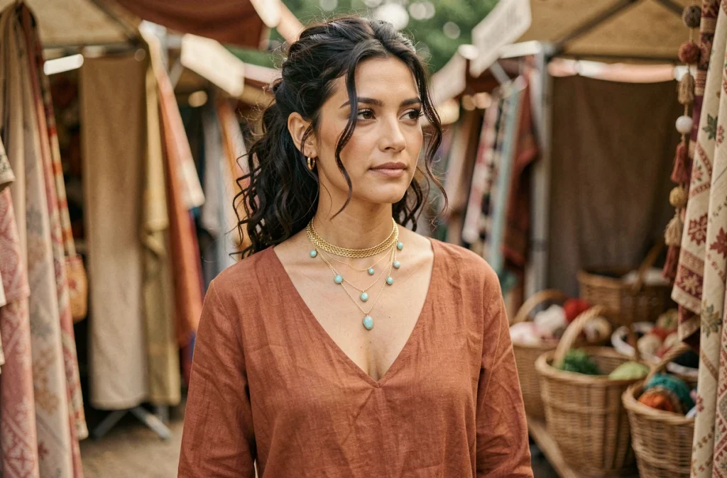 Femme en robe lin bohème portant un collier choker doré avec pierres turquoise dans un marché vintage en plein air