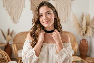 Femme portant un collier choker en velours noir avec un haut bohème blanc cassé dans un intérieur décoré de style boho chic
