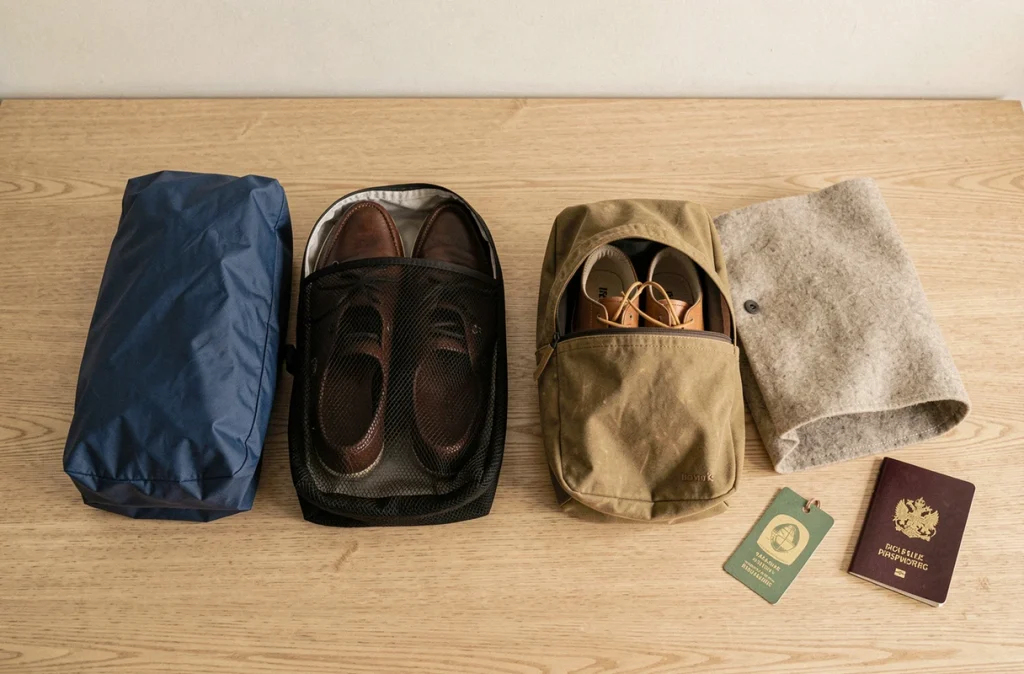 Comparaison de différents types de sacs à chaussures de voyage en nylon, mesh, toile et feutre sur une surface en bois