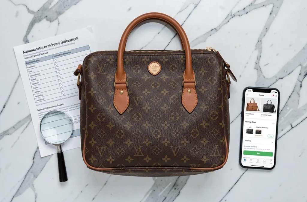 Vue à plat d'un sac Louis Vuitton avec liste de contrôle d'authenticité et loupe pour détecter une contrefaçon