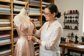 Couturière expérimentée examinant une robe en soie sur un mannequin dans un atelier de retouche professionnel