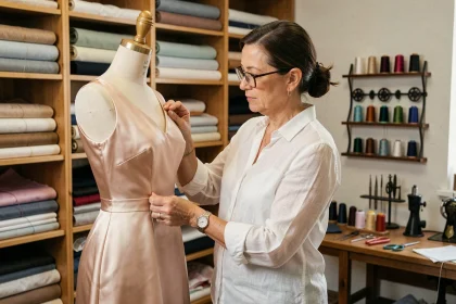 Couturière expérimentée examinant une robe en soie sur un mannequin dans un atelier de retouche professionnel