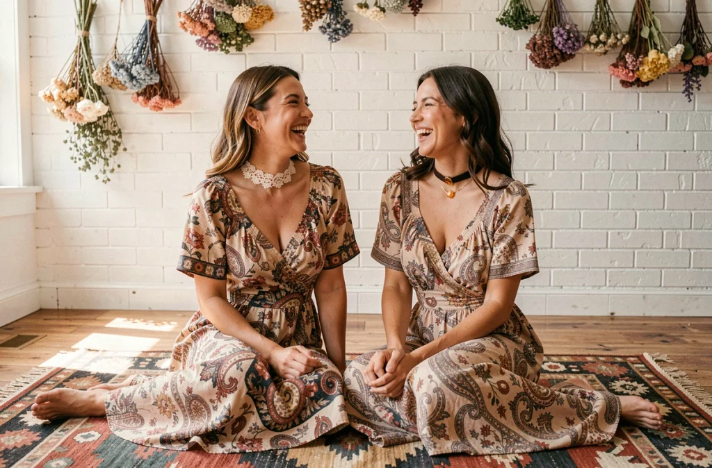 Deux femmes riant ensemble portant des colliers choker différents, look bohème chic dans un studio décoré de fleurs séchées et tapis kilim