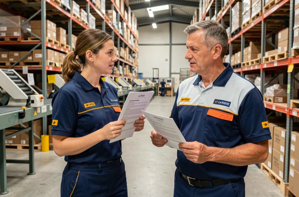 Deux employés La Poste en tenue réglementaire discutant d'une note interne sur les règles vestimentaires dans un entrepôt de tri