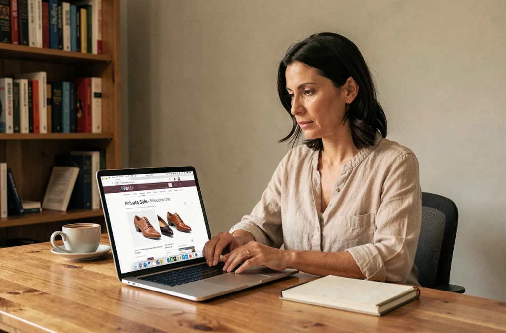 Femme consultant une vente privée de chaussures Arche en ligne sur son ordinateur portable à la maison