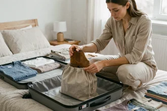 Femme rangeant des bottines en cuir dans un sac à chaussures de voyage en tissu lors de la préparation de sa valise