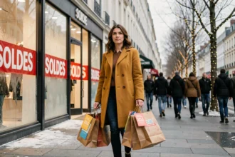 Femme souriante portant des sacs de courses pendant les soldes d'hiver dans une rue commerçante animée