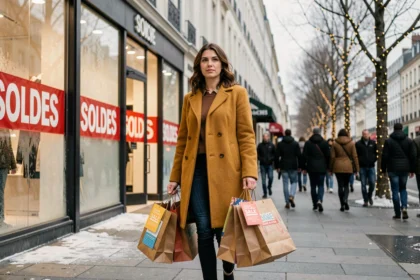 Femme souriante portant des sacs de courses pendant les soldes d'hiver dans une rue commerçante animée