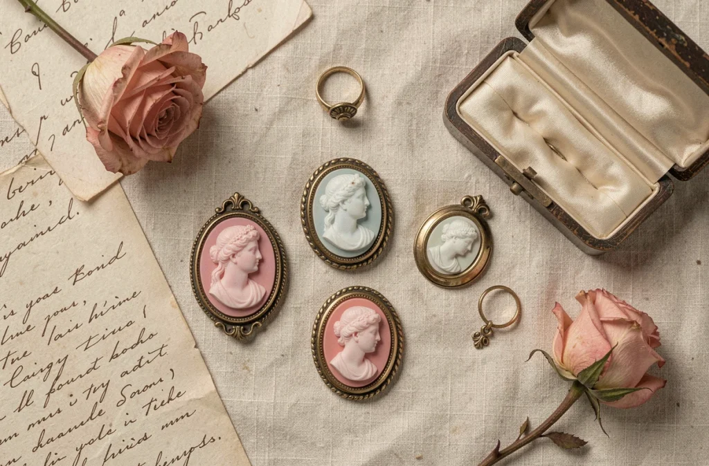 Flatlay de bijoux camée anciens disposés sur lin crème avec lettres manuscrites et rose séchée, composition nostalgique évoquant la transmission et la valeur sentimentale des camées