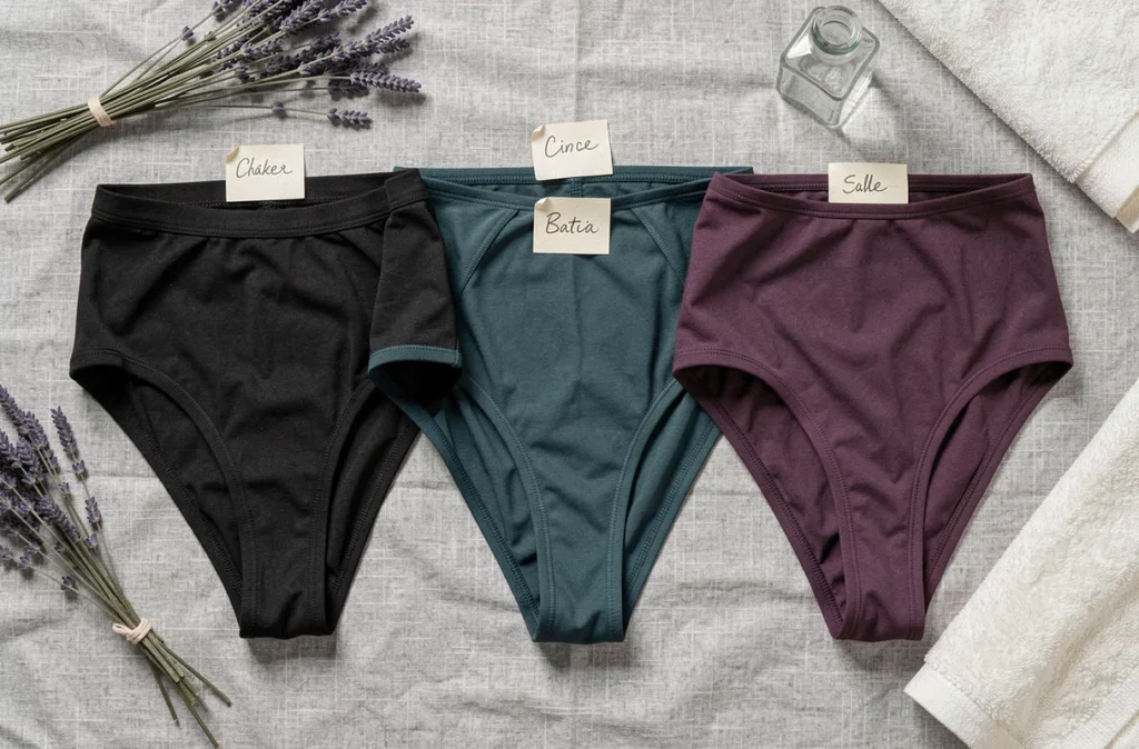 Comparatif flatlay de trois bas de maillot de bain menstruels de marques françaises sur fond lin gris