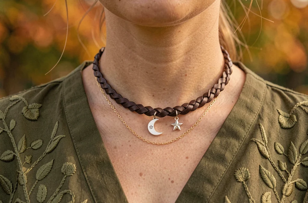 Gros plan sur un collier choker en cuir tressé avec breloques lune et étoiles en argent porté sur un chemisier brodé vert olive