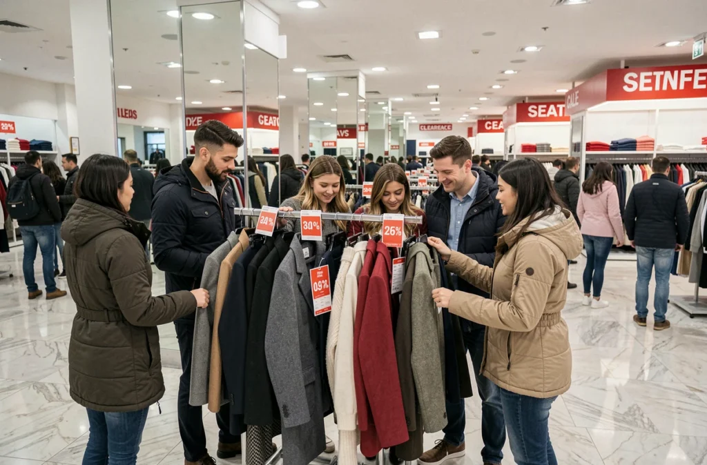Groupe de personnes inspectant des vêtements en promotion dans un grand magasin pendant les soldes d'hiver
