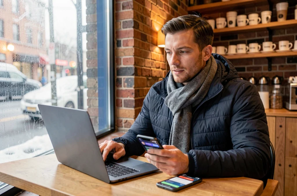 Homme comparant les offres de soldes d'hiver sur ordinateur portable dans un café cosy