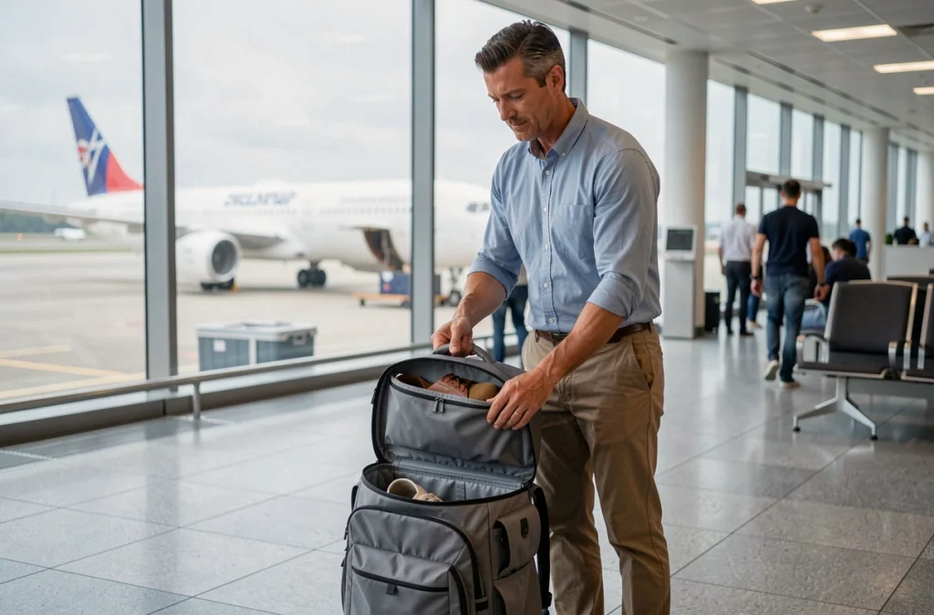 Homme voyageur retirant un sac à chaussures compact du compartiment de son sac à dos dans un aéroport