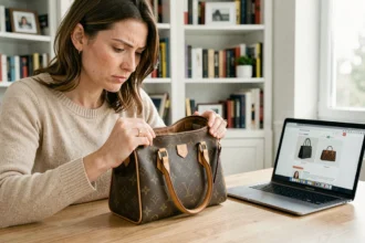 Femme inspectant de près un sac à main de luxe pour détecter une contrefaçon avant un achat en ligne
