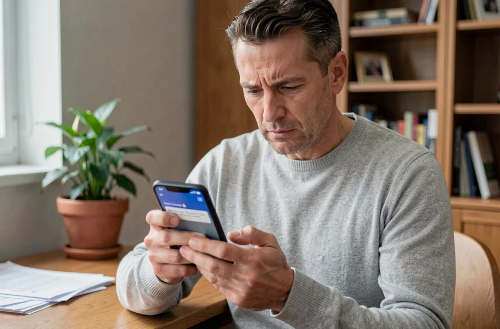 Homme consultant une notification de sécurité de son compte Mon habillement La Poste sur smartphone depuis son domicile