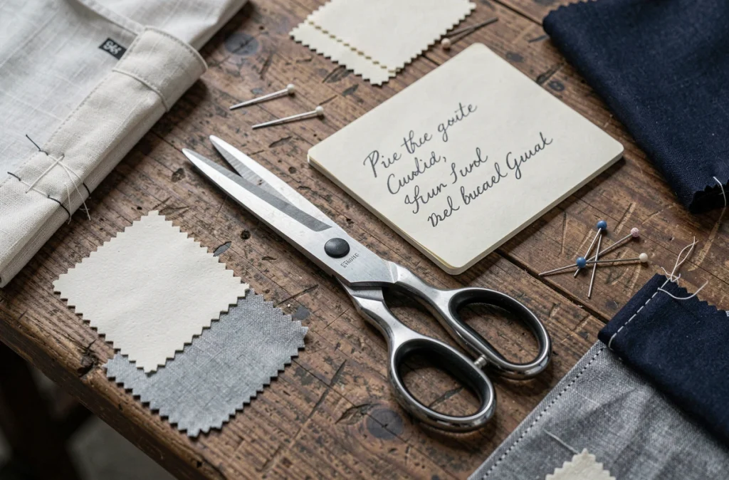 Vue aérienne d'outils de couture, devis manuscrit et tissu retouché sur une table d'atelier artisanal