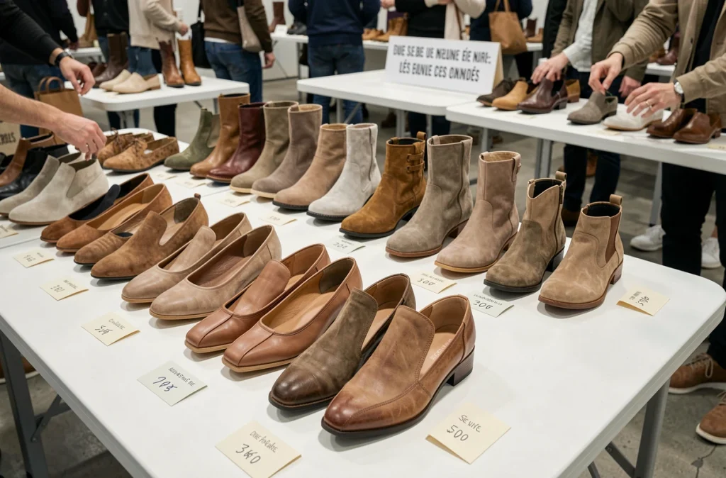 Stands de déstockage de chaussures Arche lors d'une vente privée avec plusieurs modèles en cuir soldés