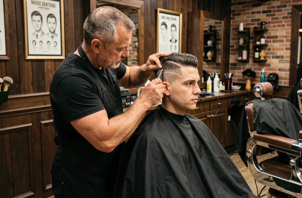 Barbier réalisant une coupe taper bas sur un client dans un barbershop contemporain au décor vintage