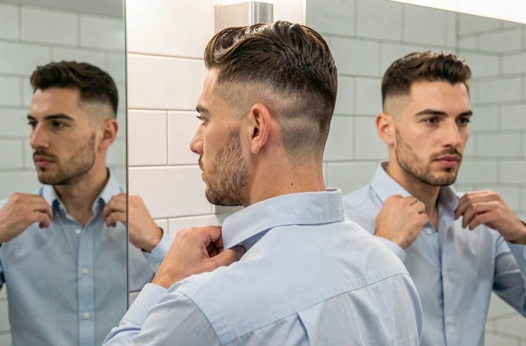 Homme jeune avec une coupe taper fade basse vue de dos dans un miroir de salle de bain moderne