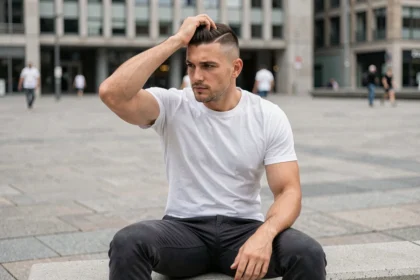 Homme aux cheveux courts avec un taper bas fade soigné, assis en ville, look casual propre et moderne