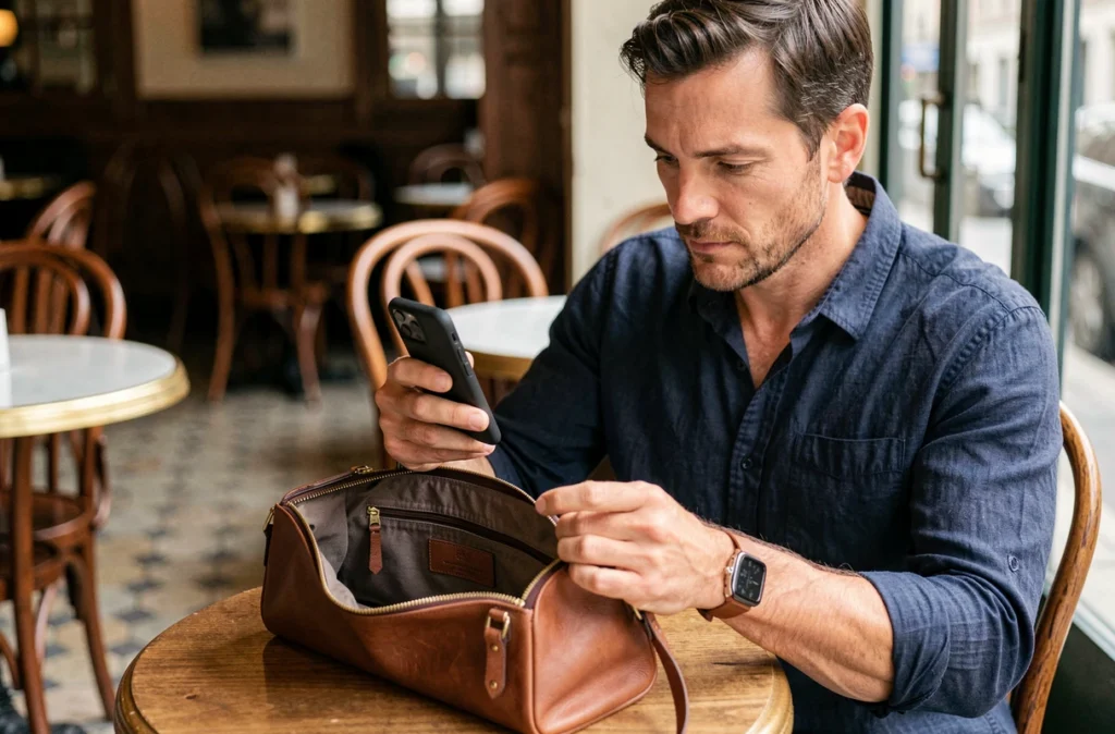 Homme photographiant les détails d'un sac de luxe dans un café pour vérifier son authenticité avant paiement