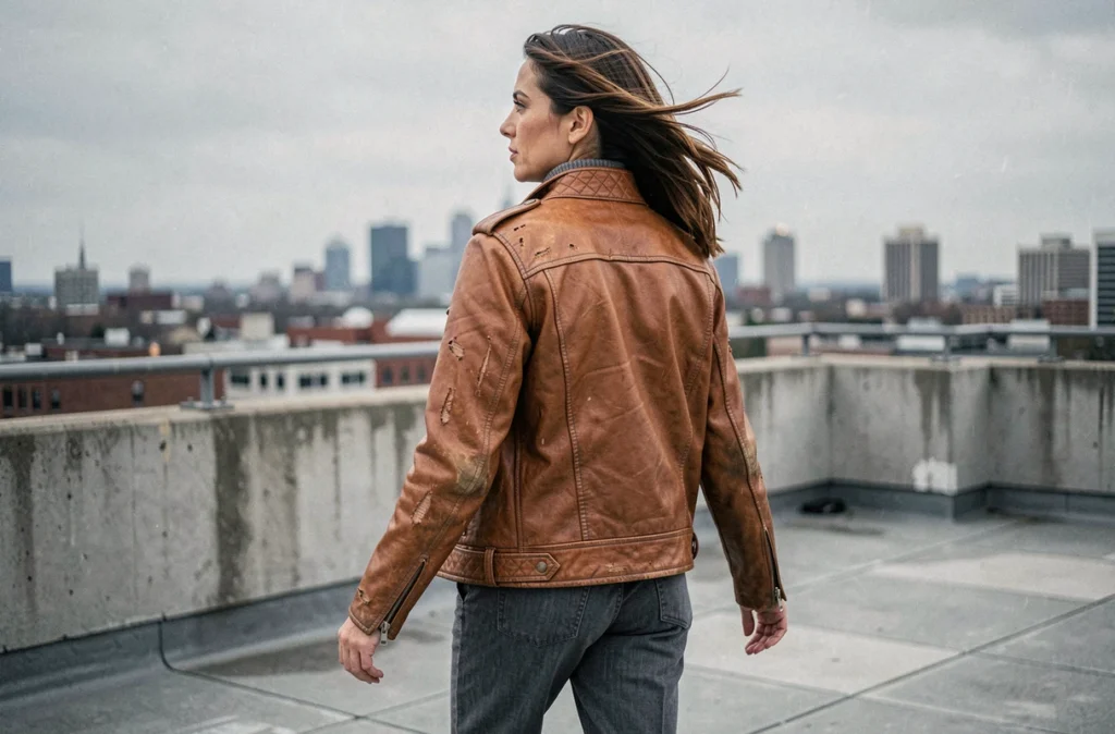 Femme en veste en cuir cognac vintage sur un rooftop urbain, style biker rock chic moderne