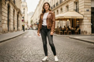 Femme portant une veste en cuir vintage marron dans une rue pavée parisienne, look chic et rock casual