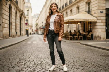 Femme portant une veste en cuir vintage marron dans une rue pavée parisienne, look chic et rock casual