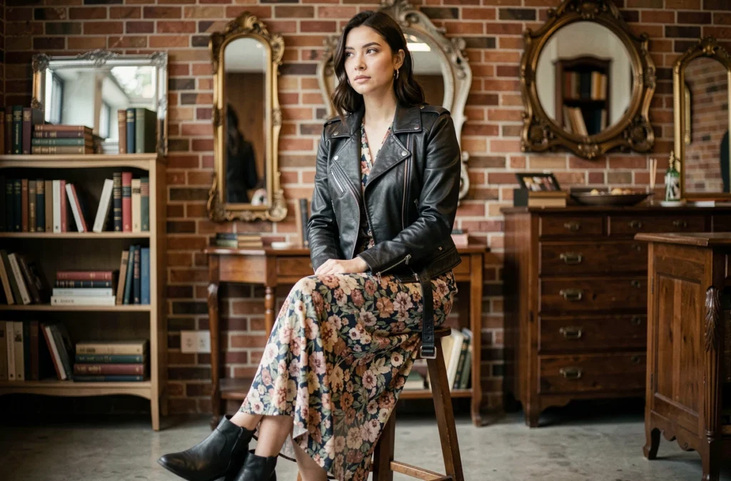 Femme en veste en cuir noir vintage assise dans une boutique rétro, style rock chic féminin