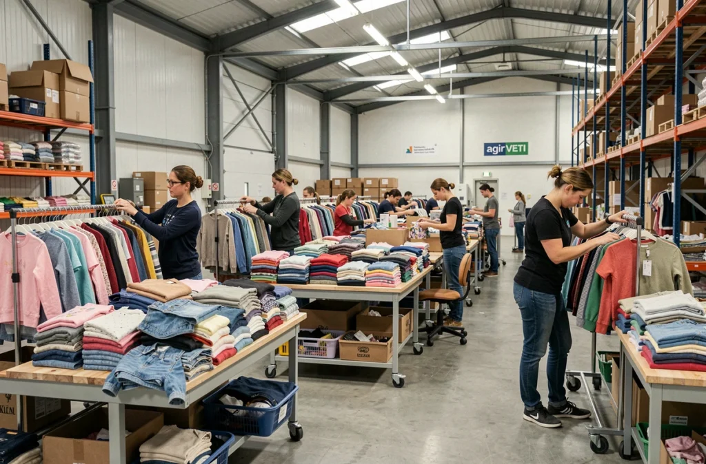 Espace de tri et de distribution de vêtements enfants de seconde main à la plateforme VETI Centre Agir à Déols, avec des bénévoles organisant les articles sur des portants