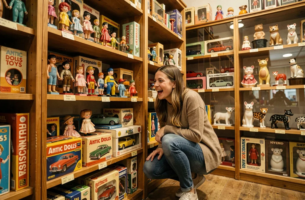 Une femme souriante découvre avec plaisir des étagères remplies de jouets vintage, poupées anciennes et jeux rétro à l'intérieur d'Antic Dolls Toys dans le 2e arrondissement de Lyon.