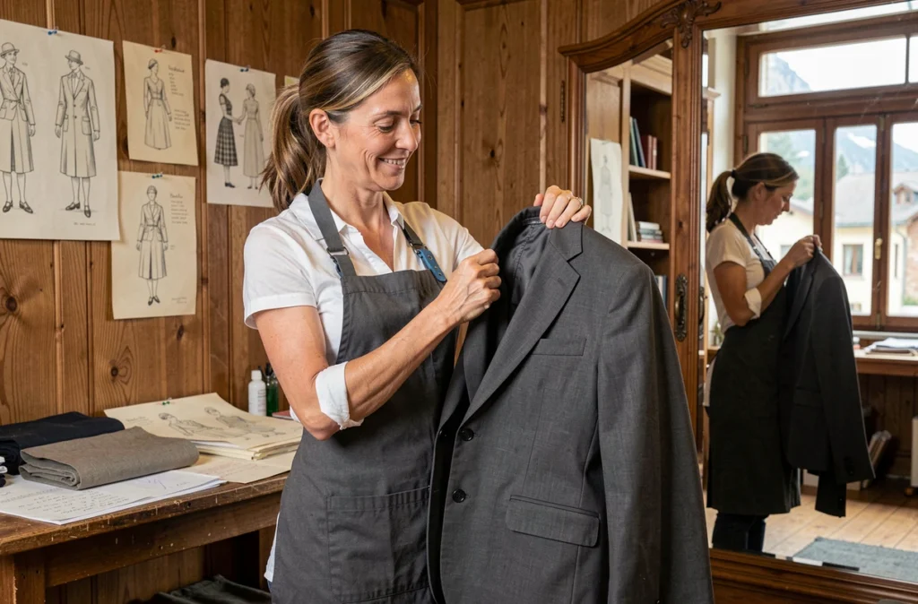 Couturière de L'Atelier du 1er à Annecy examinant une veste en cours de transformation dans son atelier élégant