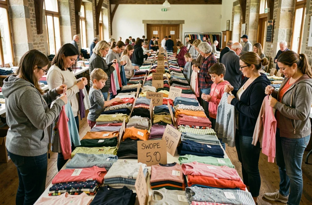 Bourse aux vêtements enfants dans une salle communautaire en région Centre-Val de Loire, avec des tables de vêtements triés par âge et des familles parcourant les articles