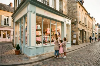 Une rue commerçante en Centre-Val de Loire avec une boutique de vêtements pour enfants colorée en vitrine, une mère et ses enfants s'arrêtant pour regarder les collections exposées