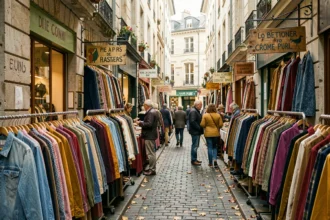 Rue commerçante de Lyon avec des boutiques vintage et des portants de vêtements rétro colorés exposés devant des façades en pierre, ambiance chaleureuse et authentique.