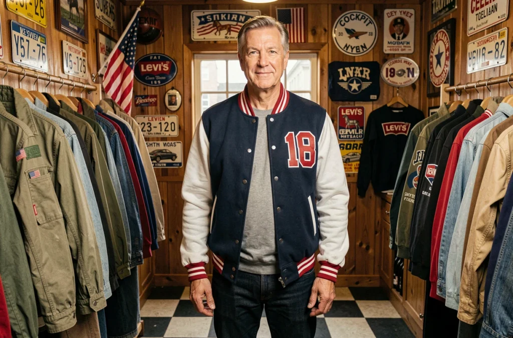 Un homme en veste varsity vintage pose à l'intérieur de Cockpit, une boutique de vintage américain à Lyon, entourée de denim, de vestes militaires et de décoration Americana.