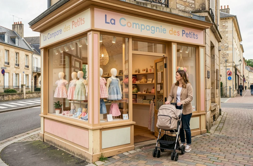 Devanture de La Compagnie des Petits à Saint-Pierre-des-Corps avec une mère et sa poussette s'arrêtant devant la vitrine de vêtements enfants