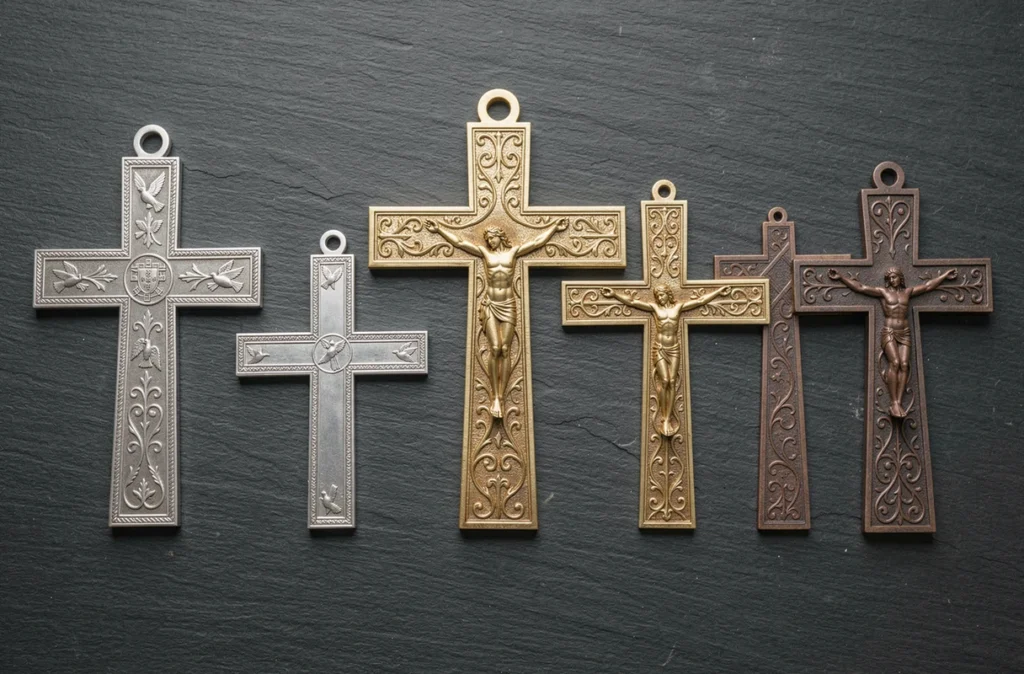 Comparaison de plusieurs croix du Portugal en argent, plaqué or et bronze oxydé posées sur ardoise sombre