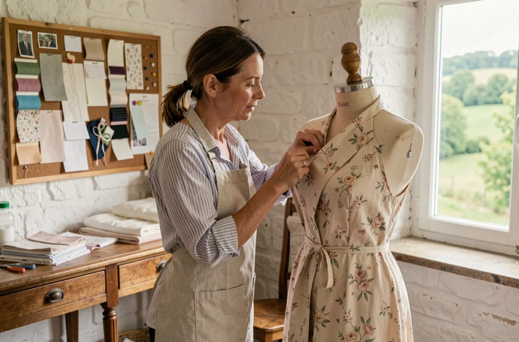 Couturière de Confidentiel Couture à Marcilly-d'Azergues épinglant un tissu fleuri sur un mannequin de couture