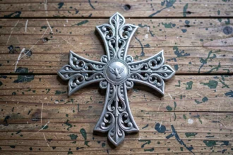Croix du Portugal en argent filigrane avec ornements manuélins posée sur une table en bois ancien