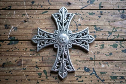 Croix du Portugal en argent filigrane avec ornements manuélins posée sur une table en bois ancien